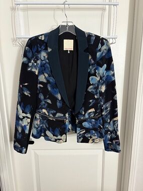 Rebecca Taylor Blue Black Silk Floral Blazer Women’s Size 6